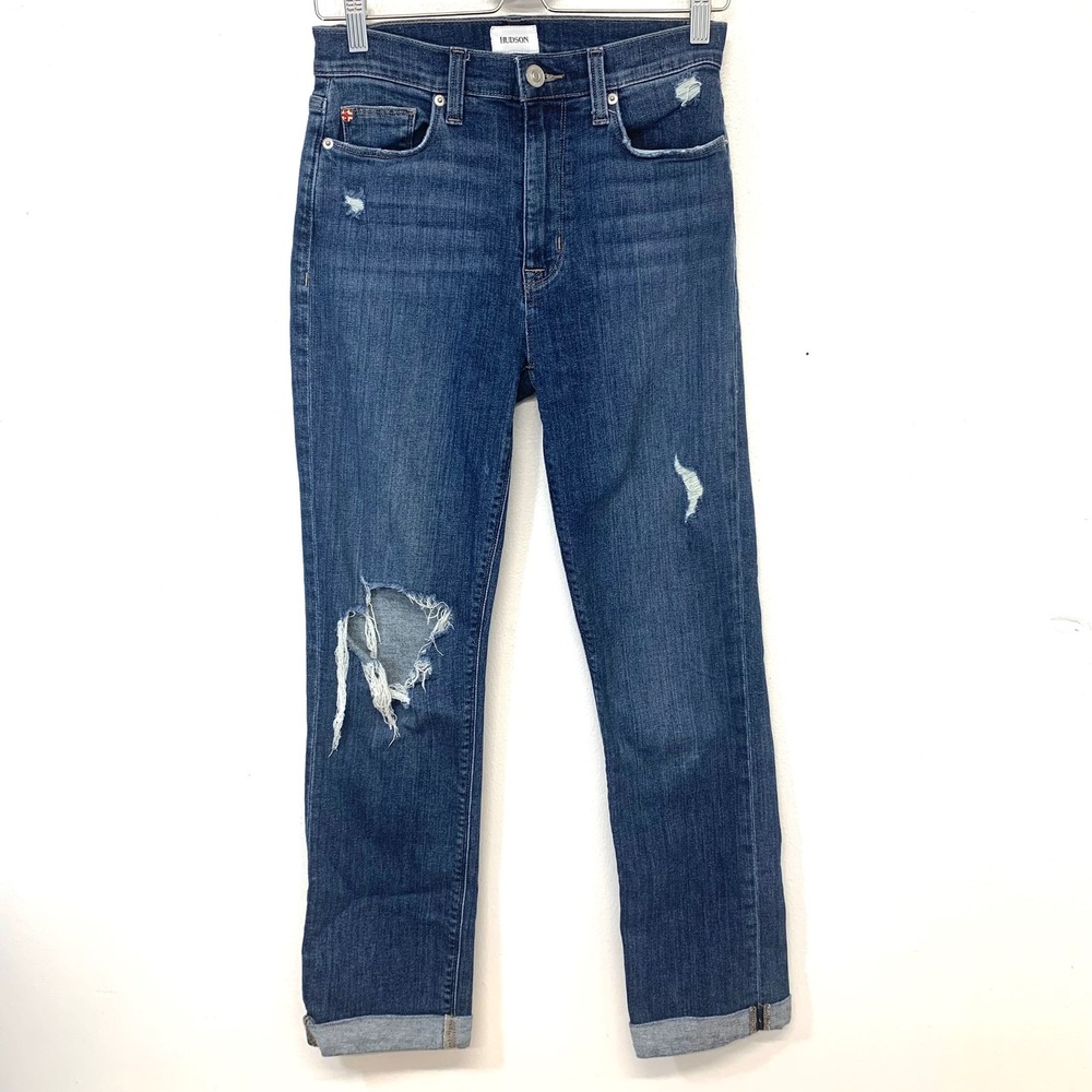 Hudson Blair High Rise Straight Crop Jeans 27 Blue Distressed Denim Cuffed